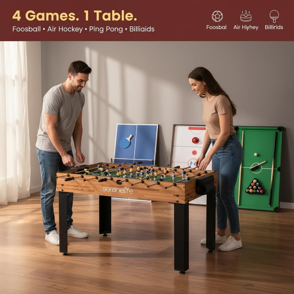 Promotional close-up showing chrome foosball rods, air hockey surface and pool table corner details