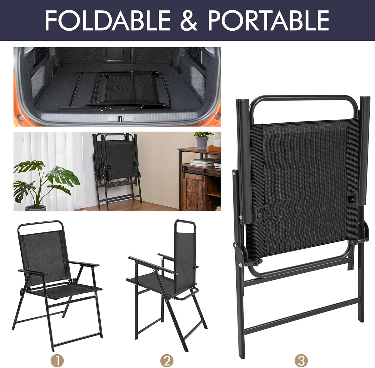 Folded and unfolded black patio chair views showing flat fold, carry handle and storage in a trunk