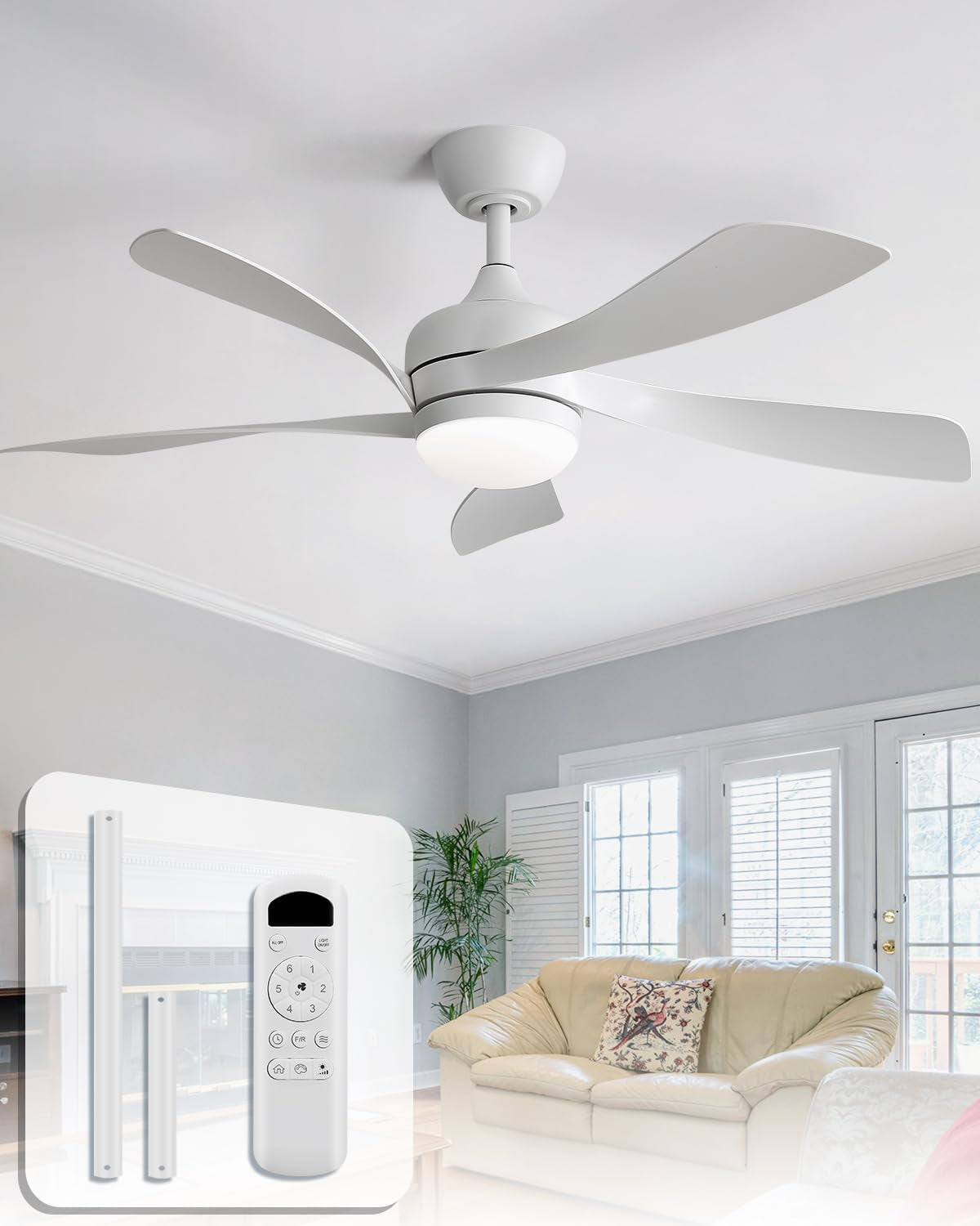 All-white five-blade ceiling fan with round light installed in a neutral living room, remote controller shown inset