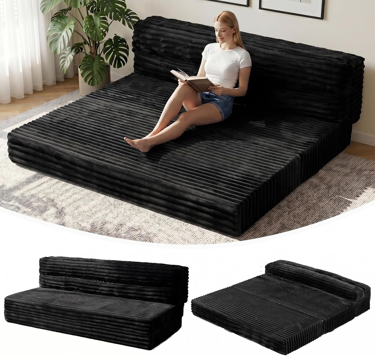 Woman reading while seated on a dark corduroy tri-fold futon set up as a low sofa against a wall and rug.