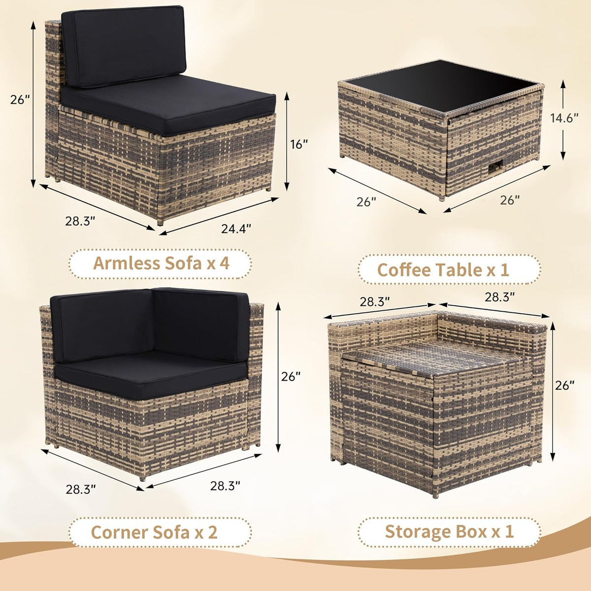 Diagram showing component layouts and annotated module illustrations for armless units, corner units, coffee table, and a top