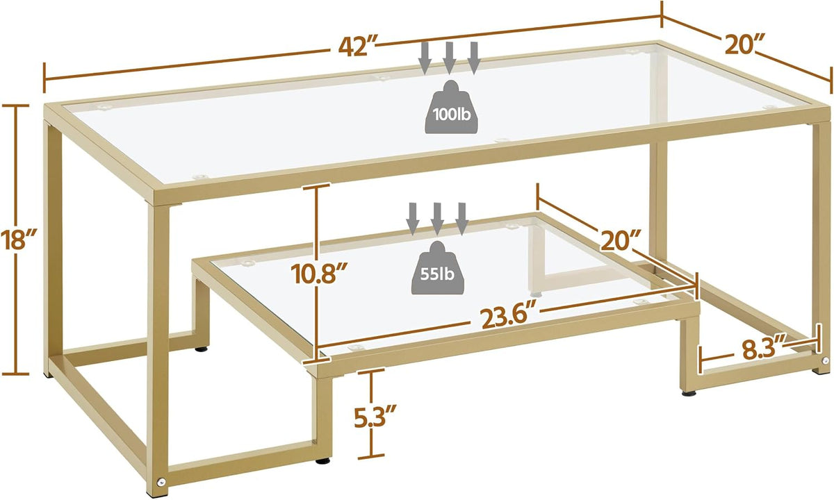 Diagram illustration of the coffee table showing dimensions 42" x 20" x 18" and component load icons