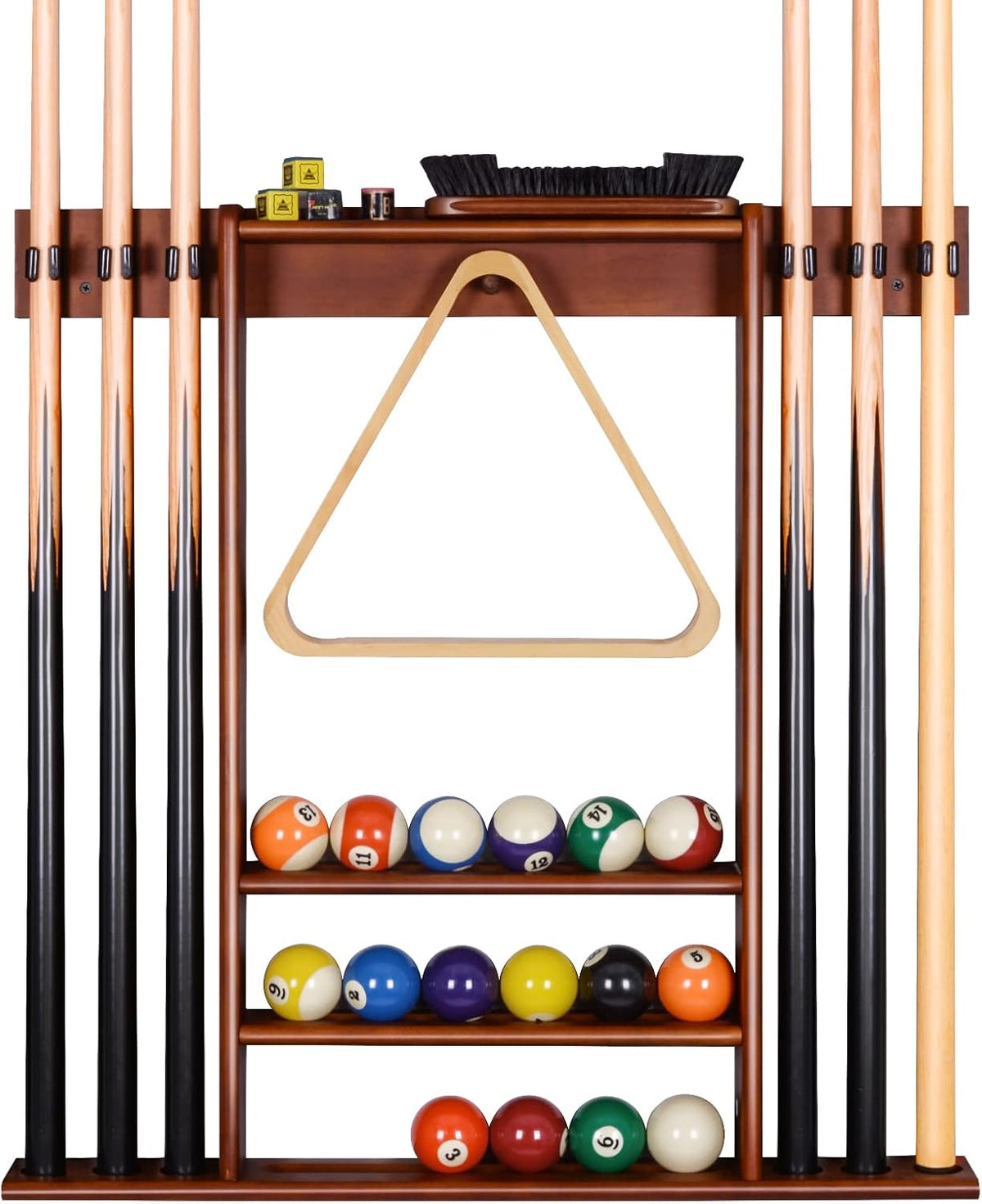 Front view of a brown wood wall cue rack with wooden triangle, cue holders and three rows of balls.