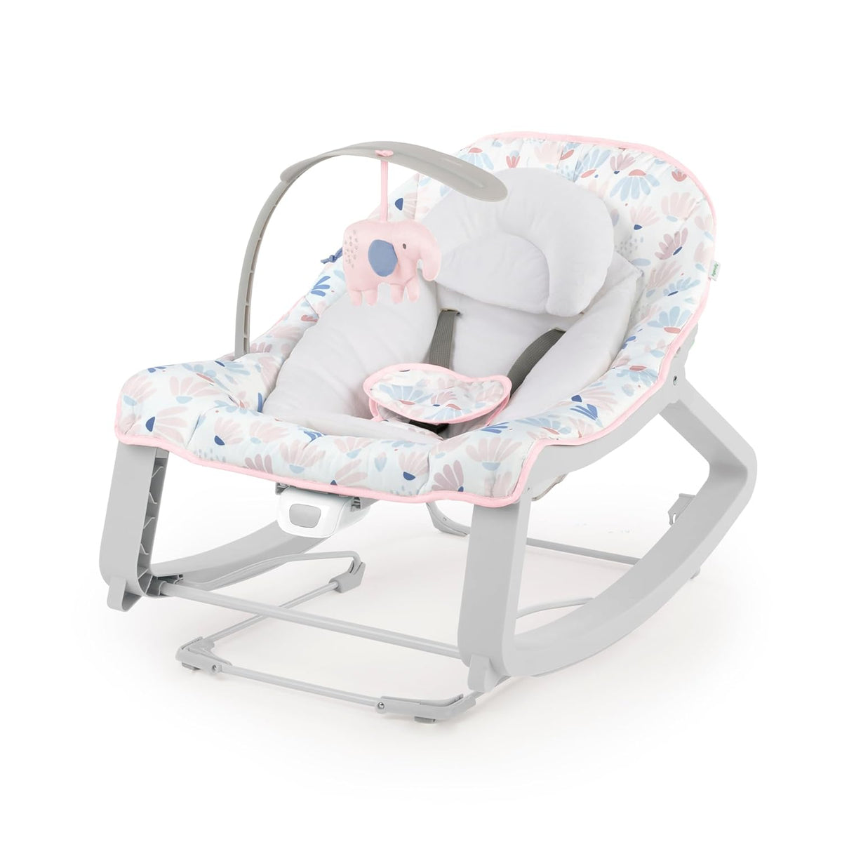 Front three-quarter studio view of a pink floral-trim baby bouncer with toy bar and elephant plush.