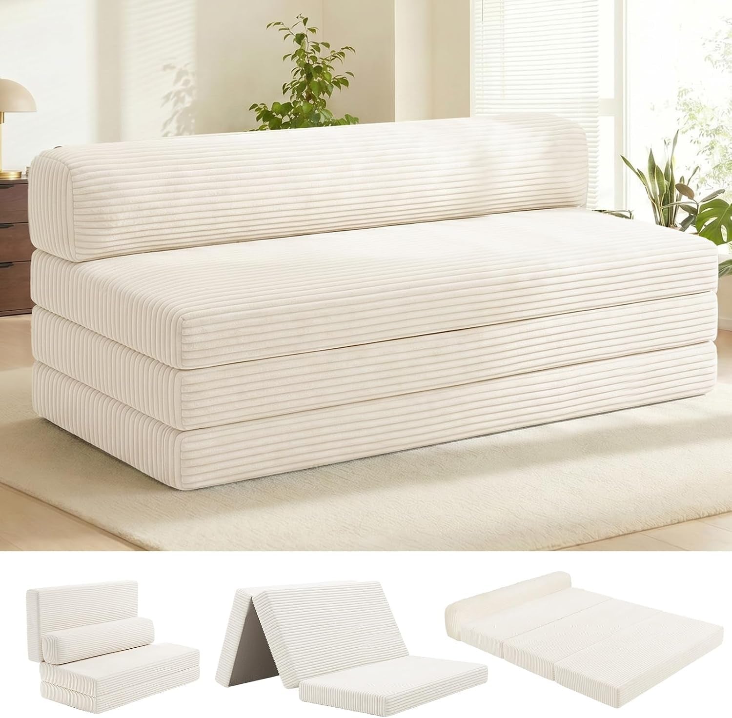 Cream-colored corduroy convertible loveseat shown from a slightly different angle in a sunlit room