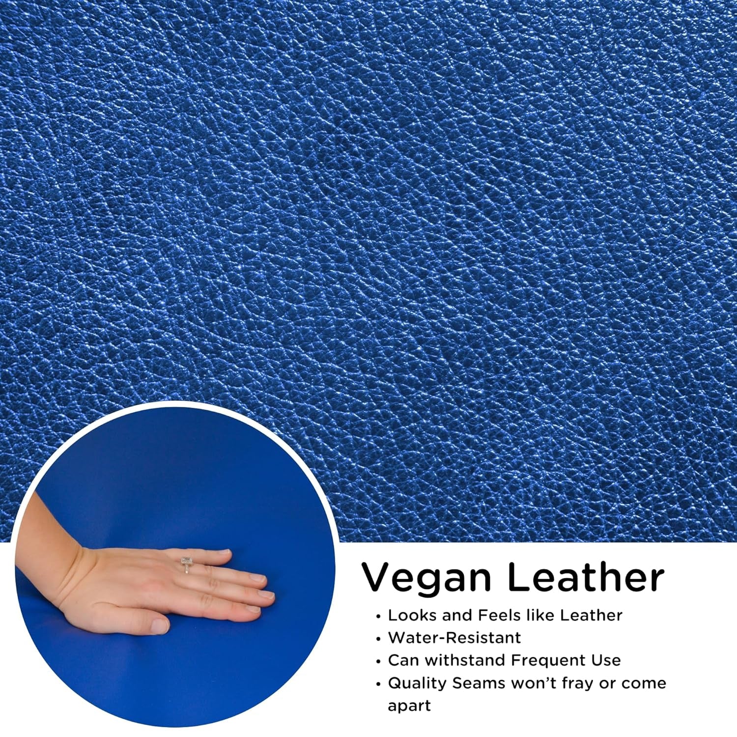 Macro texture of blue vegan leather with inset showing a hand pressing the smooth surface