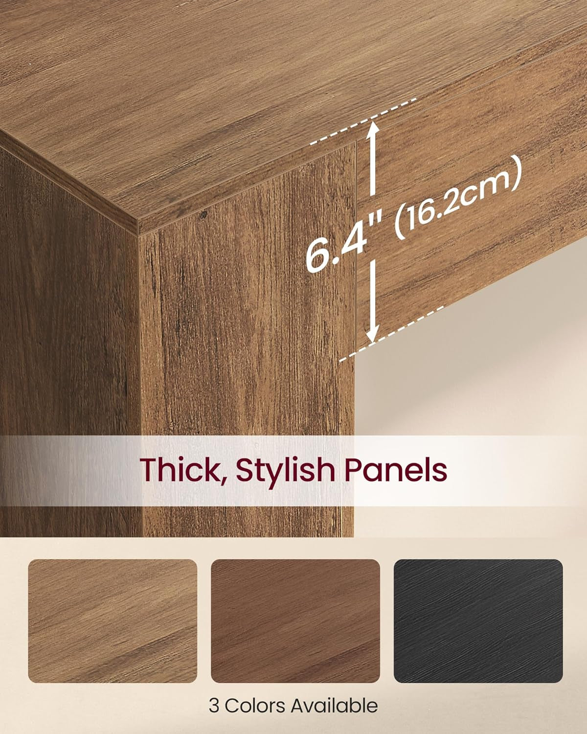 Close-up of the table panel showing wood grain texture, thickness graphic, and three finish color swatches