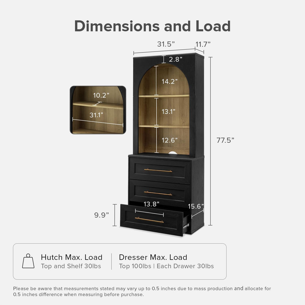 Graphic showing cabinet dimensions and shelf heights with width, depth and overall height callouts