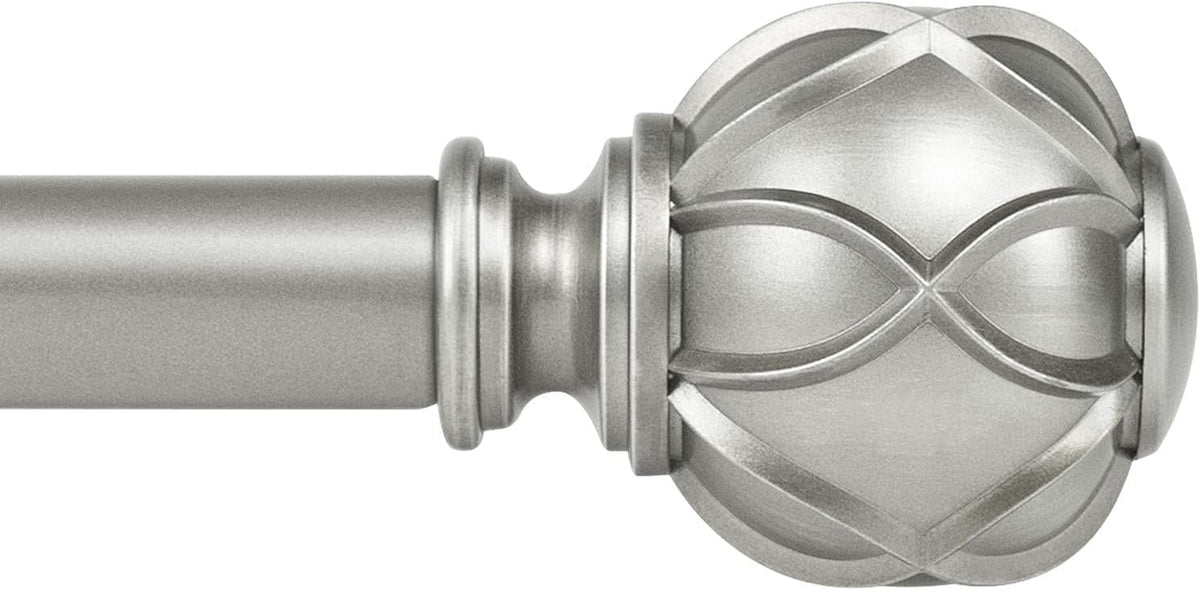 Close-up of a brushed silver spherical finial attached to a silver rod section