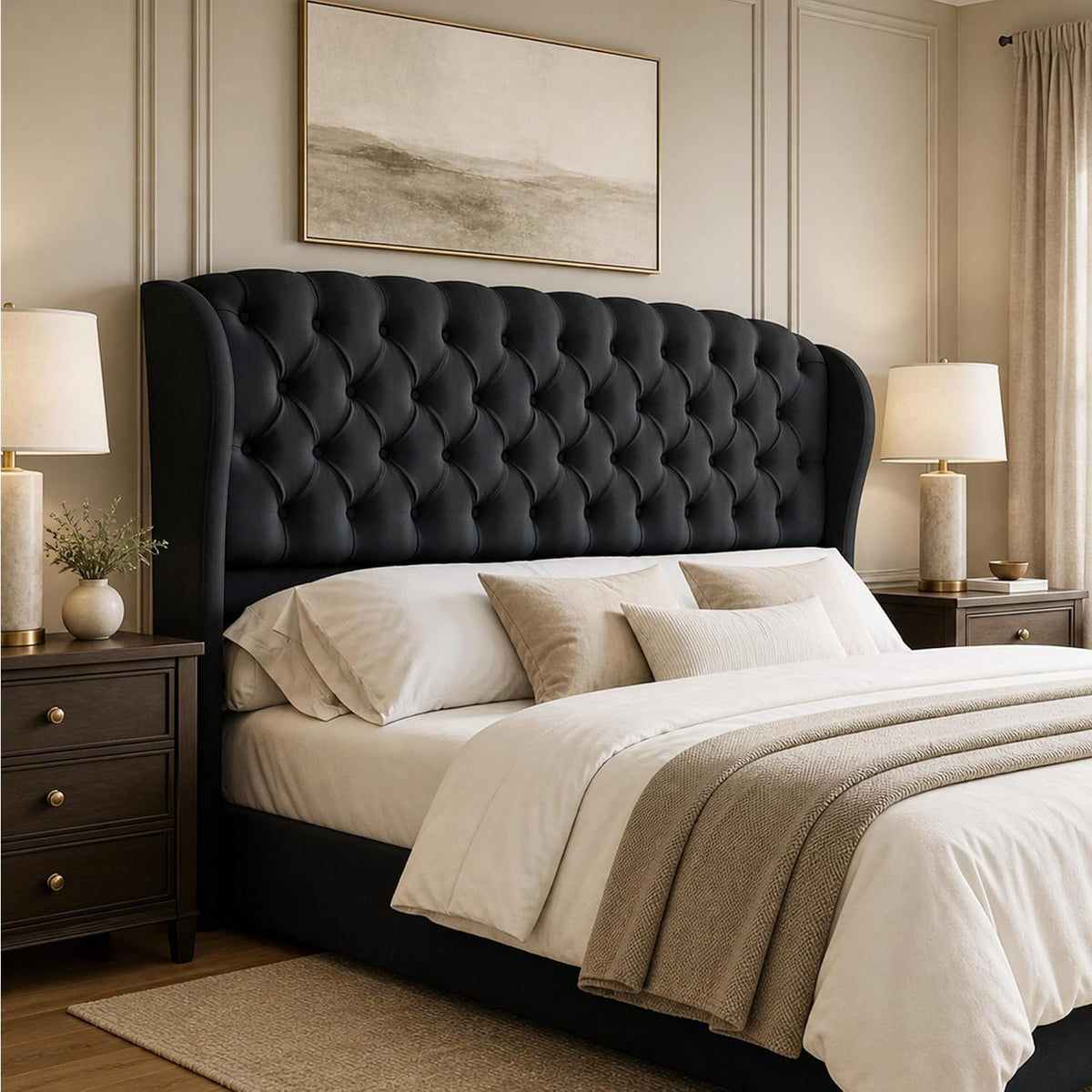 Wider bedroom scene with a dark tufted wingback headboard, bedside tables and soft linens.