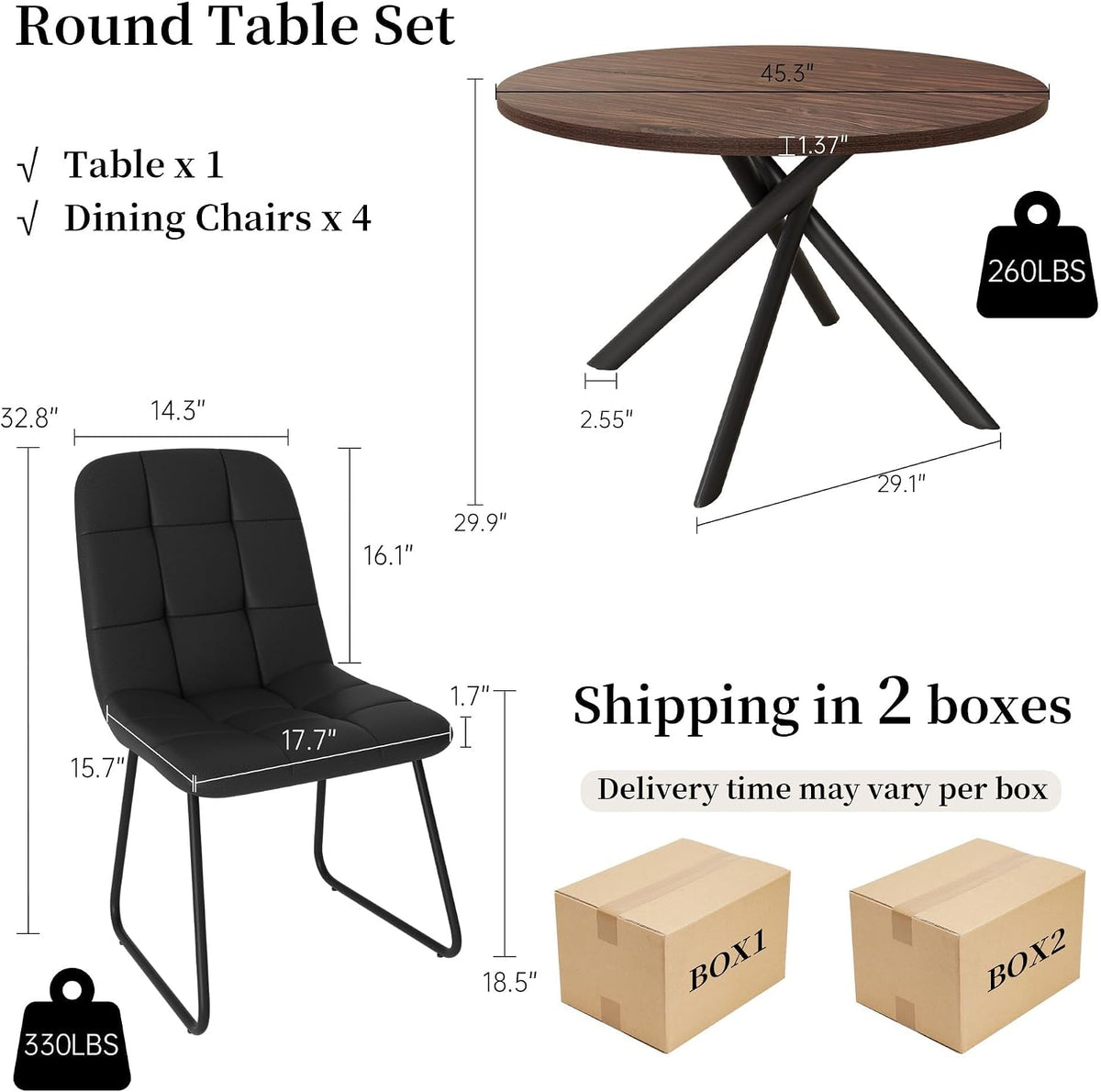 Diagram showing round table and chair dimensions with two shipping boxes and weight icons