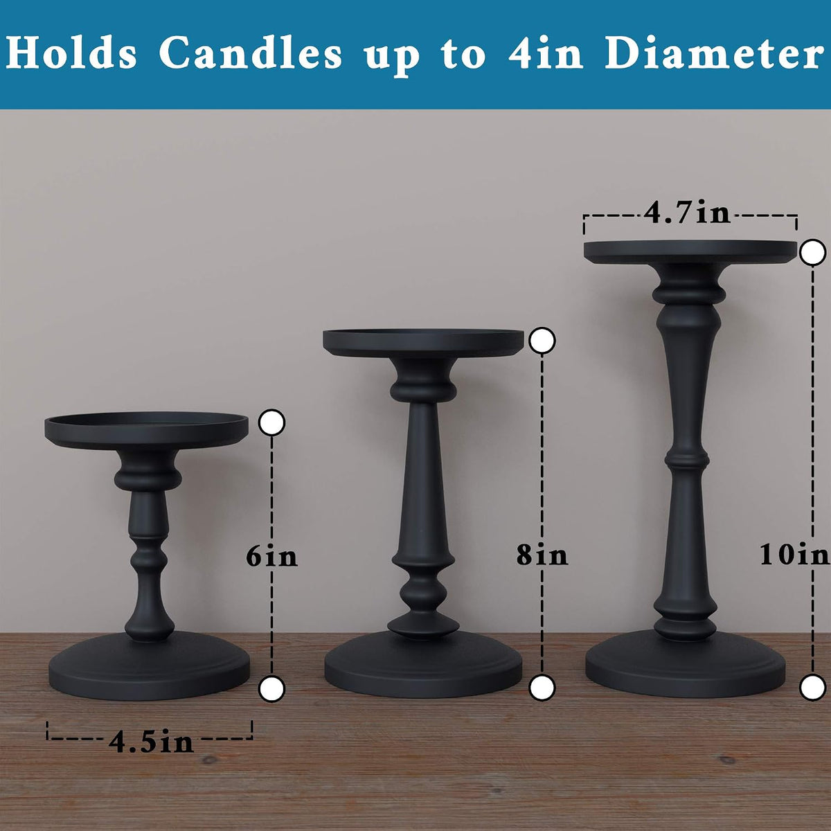 Size diagram of three matte black candle holders labeled 6, 8 and 10 inches tall with top tray dimensions