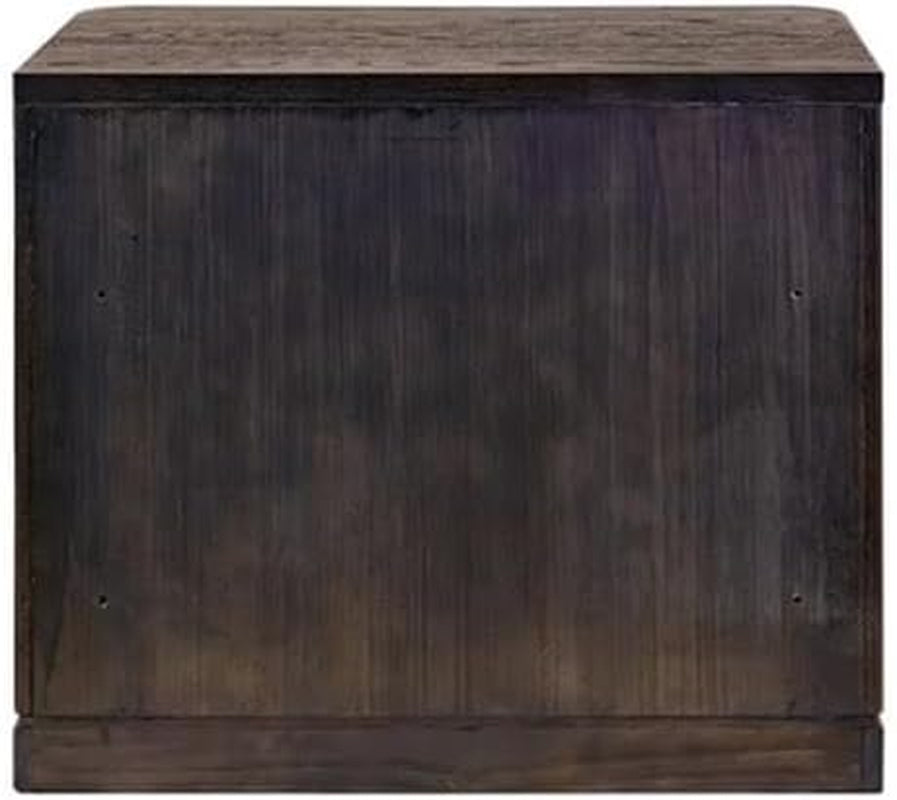 Back panel of a low filing cabinet shown plain with four small predrilled holes and dark finish.