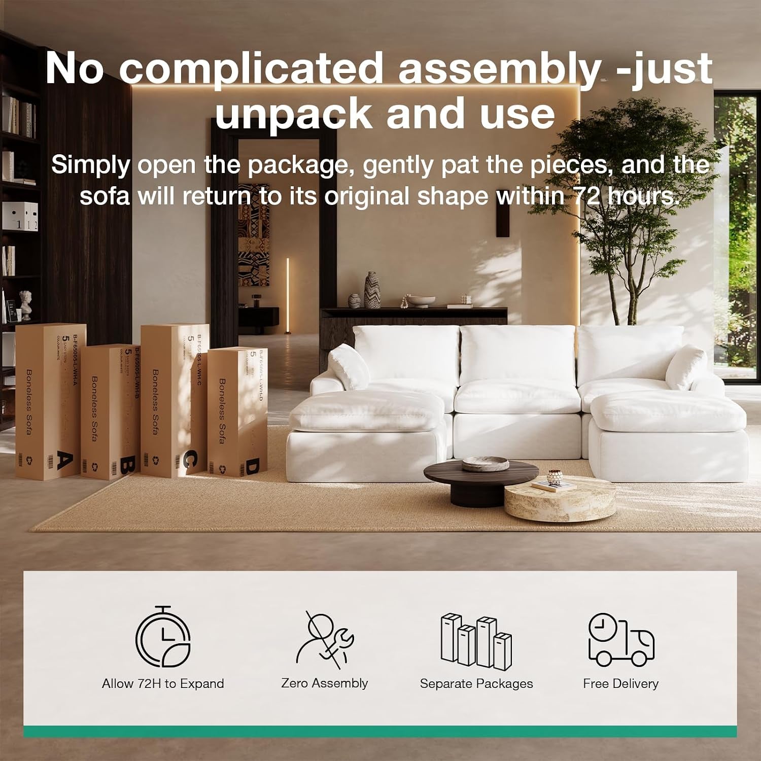 104.3" Modular Cloud Couch, Modern Sectional Sofa with Smarts Coil® Support, Chenille Fabric, Upholstered Couch for Living Room Apartments Bedroom, No Assembly, 3 Seater + 1 Ottoman, White