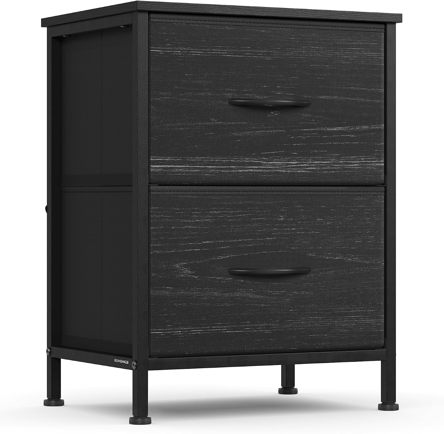 Angled front view of a black two-drawer bedside chest with black metal frame and legs