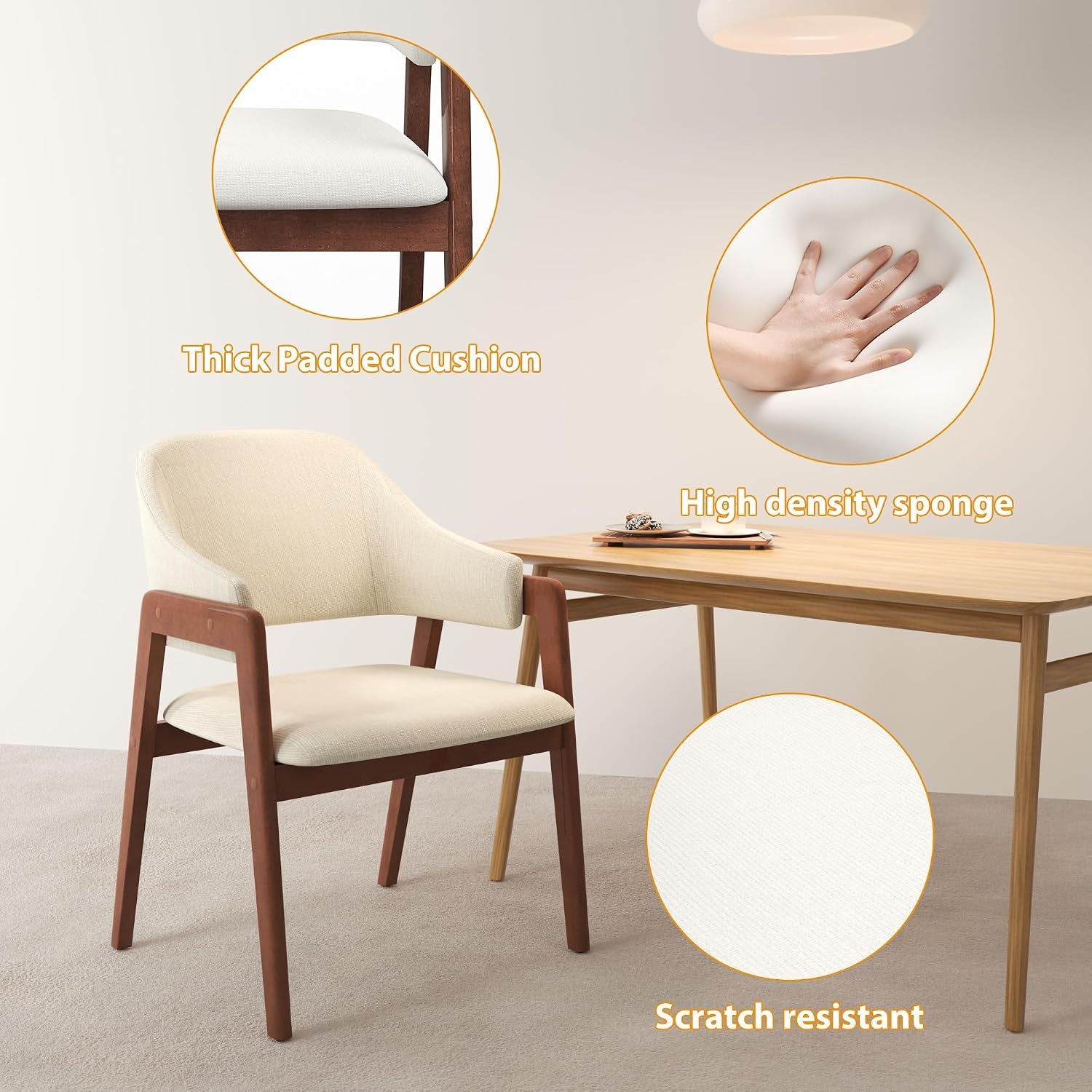 Close-up of a beige upholstered chair highlighting the padded cushion, curved armrest and fabric texture