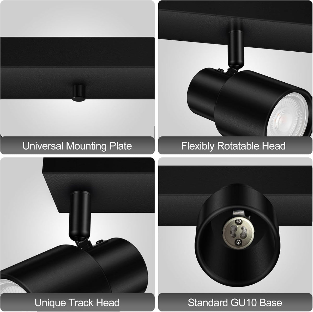 Four close-up views showing a flat mounting plate, a rotatable black track light head, the unique cylindrical track head
