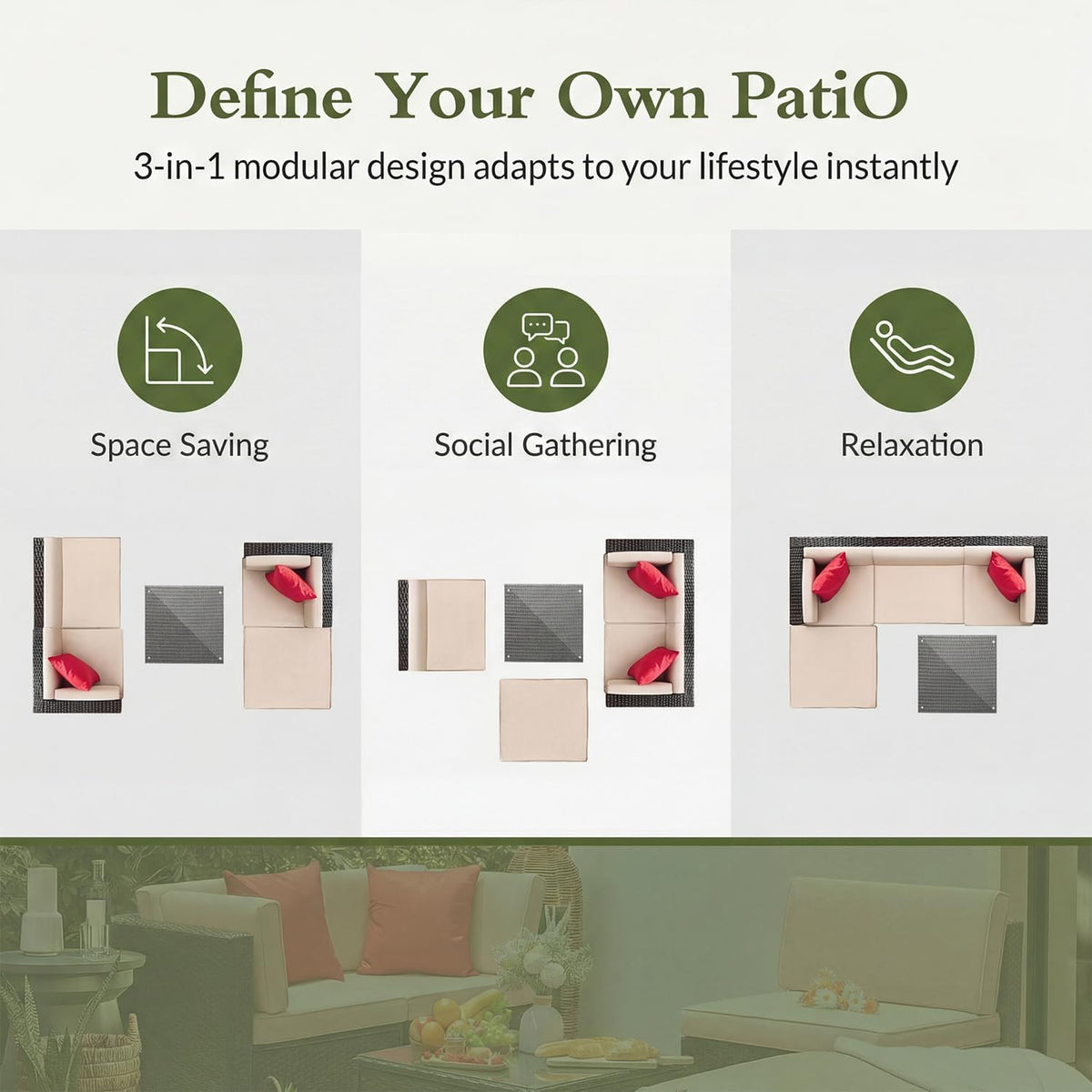 Graphic showing three modular layout options for the 5-piece sectional: space saving, social gathering, and relaxation