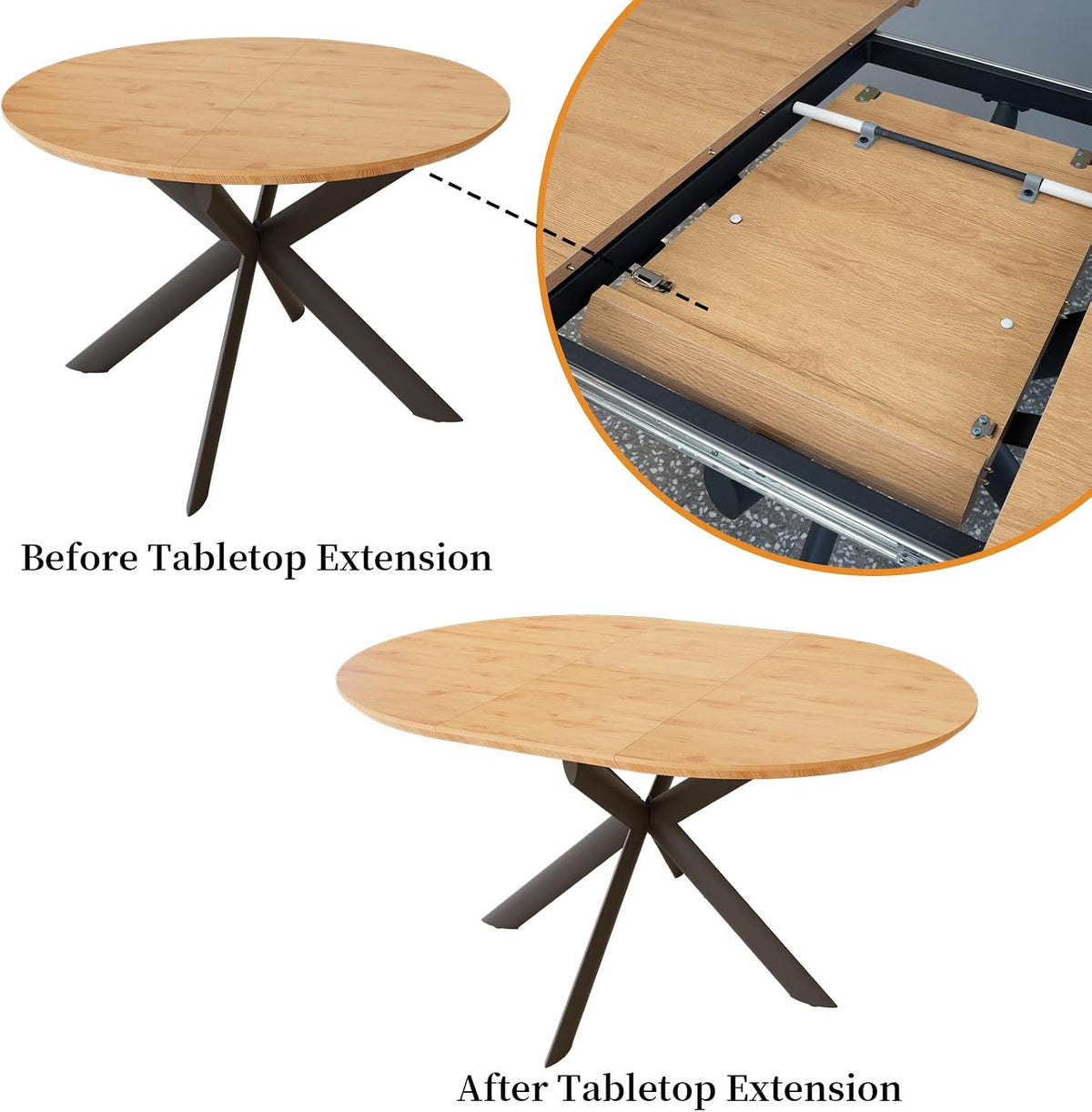 Round oak woodgrain table showing extension mechanism close-up and before and after extended tabletop views