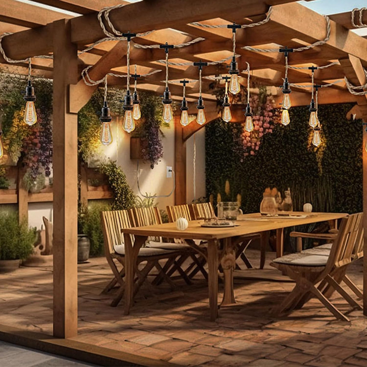 Outdoor pergola setting showing multiple hemp-rope pendant lights hanging over a dining table