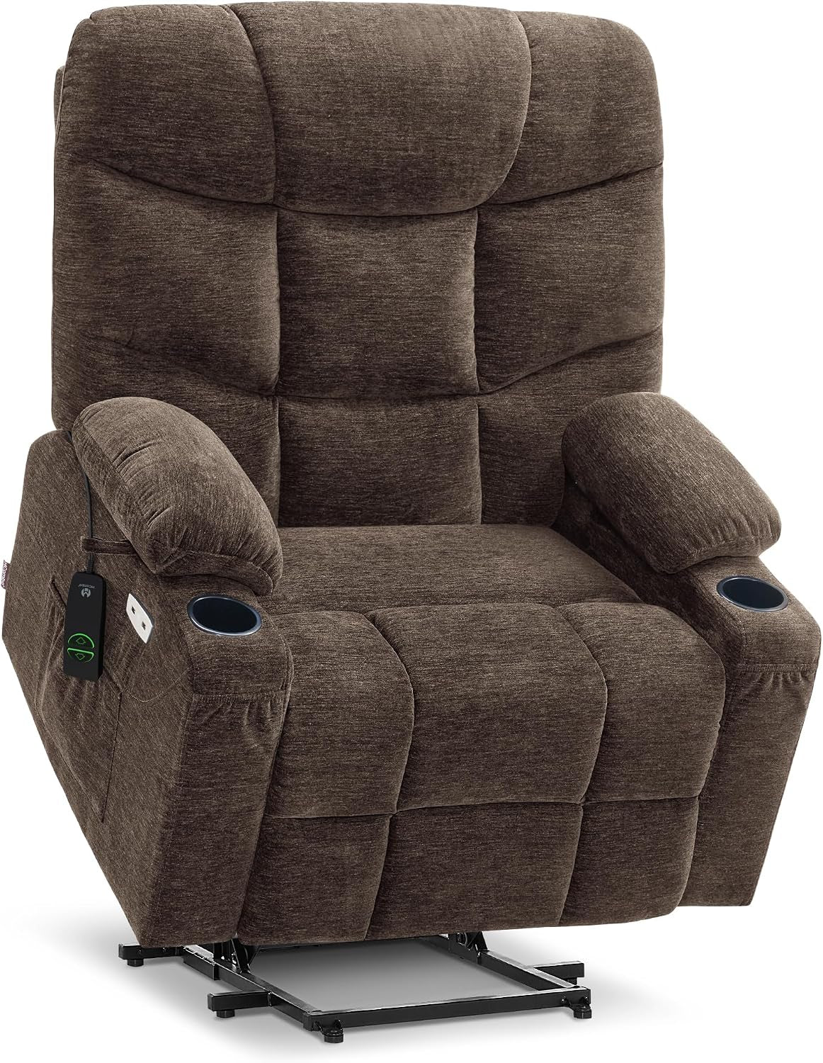 Straight-on studio front view of a brown fabric lift recliner highlighting broad seat and high padded lumbar support.