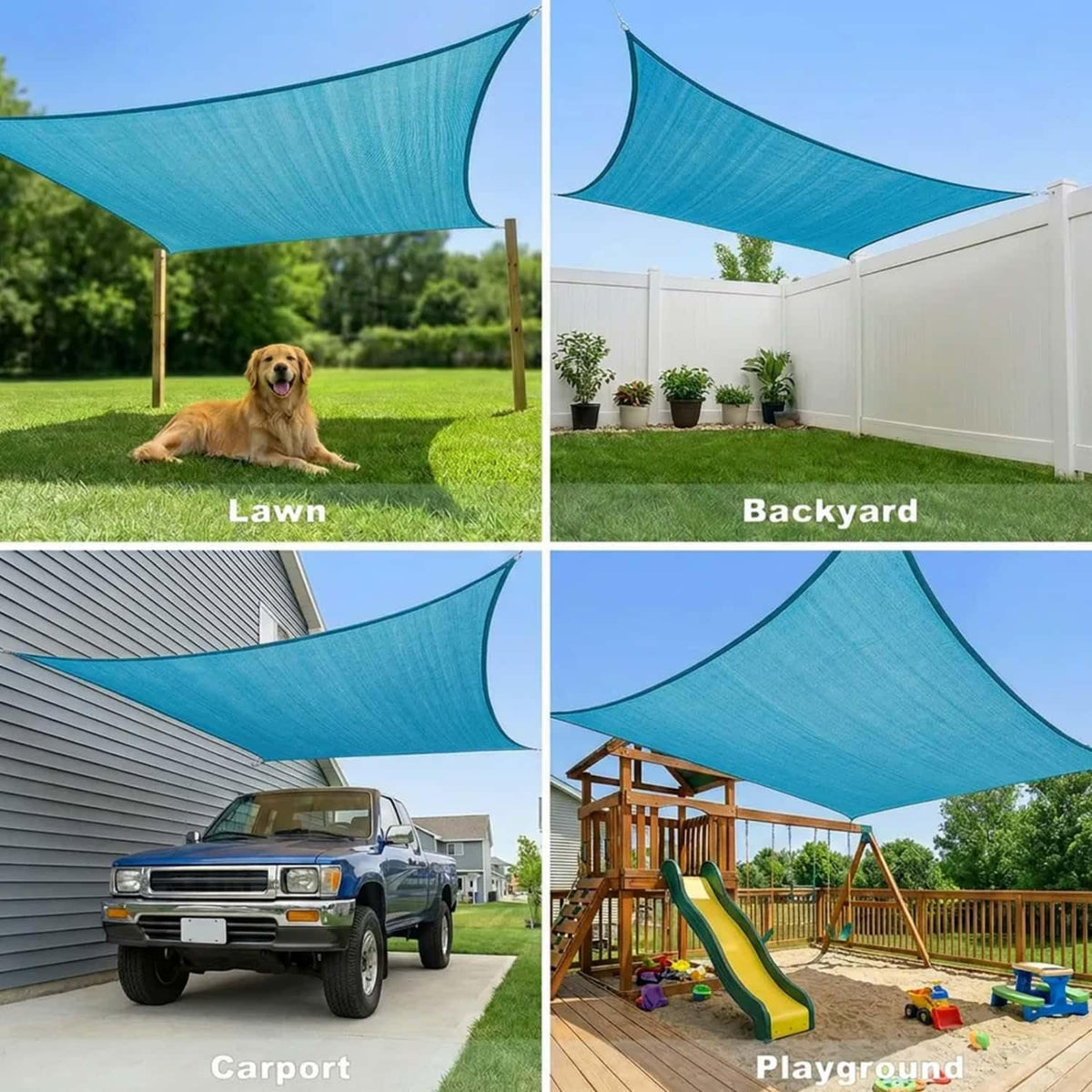 Four photos showing the turquoise triangle shade used over a lawn, backyard, carport, and playground.