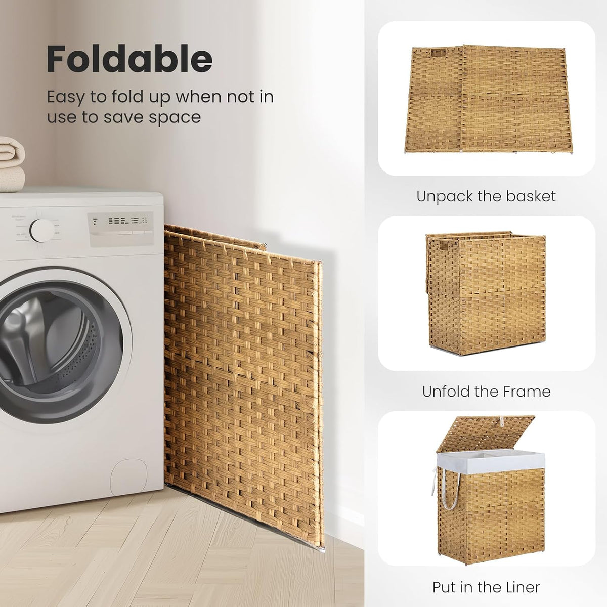 Folded flat tan rattan hamper leaned against wall beside a front-load washer; instructional thumbnails at right.