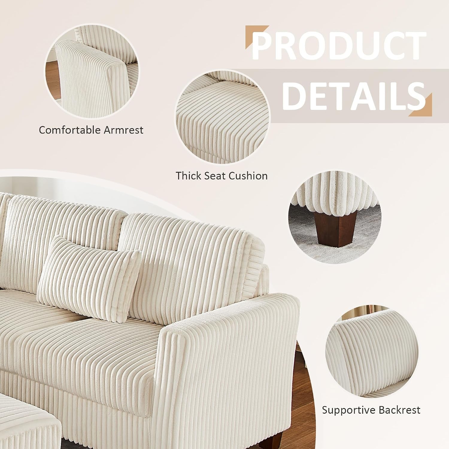 Collage of close-ups showing cream corduroy sofa arm, ribbed seat, supportive back and wooden leg.