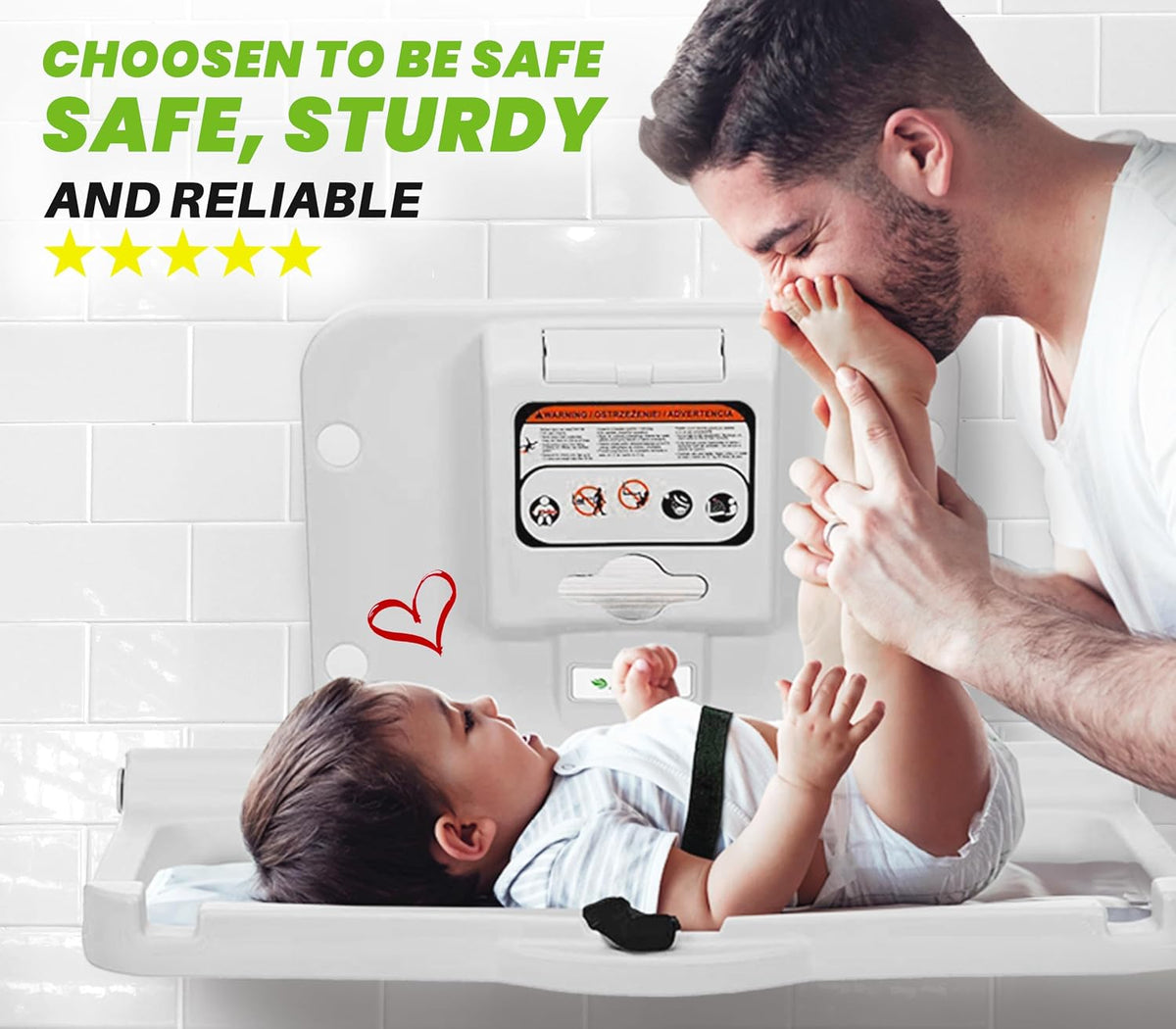 Man leaning over a wall-mounted white baby changing station with an infant on the open tray in a tiled restroom.
