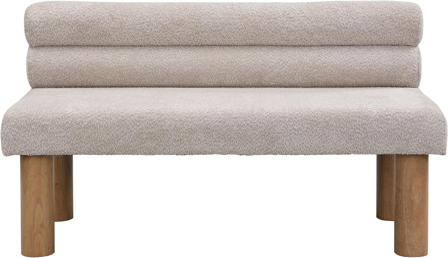 Straight-on close front view of boucle bench showing rolled back cushions and four natural round legs