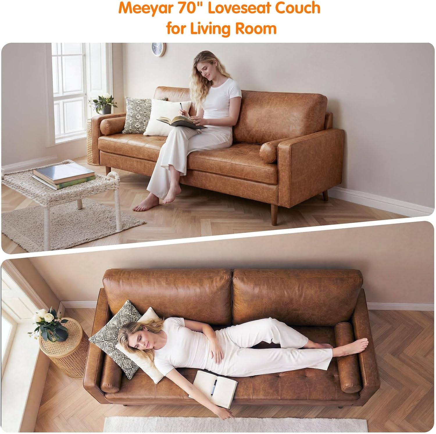 Faux Leather Sofa,70" Brown Leather Couch for Living Room
