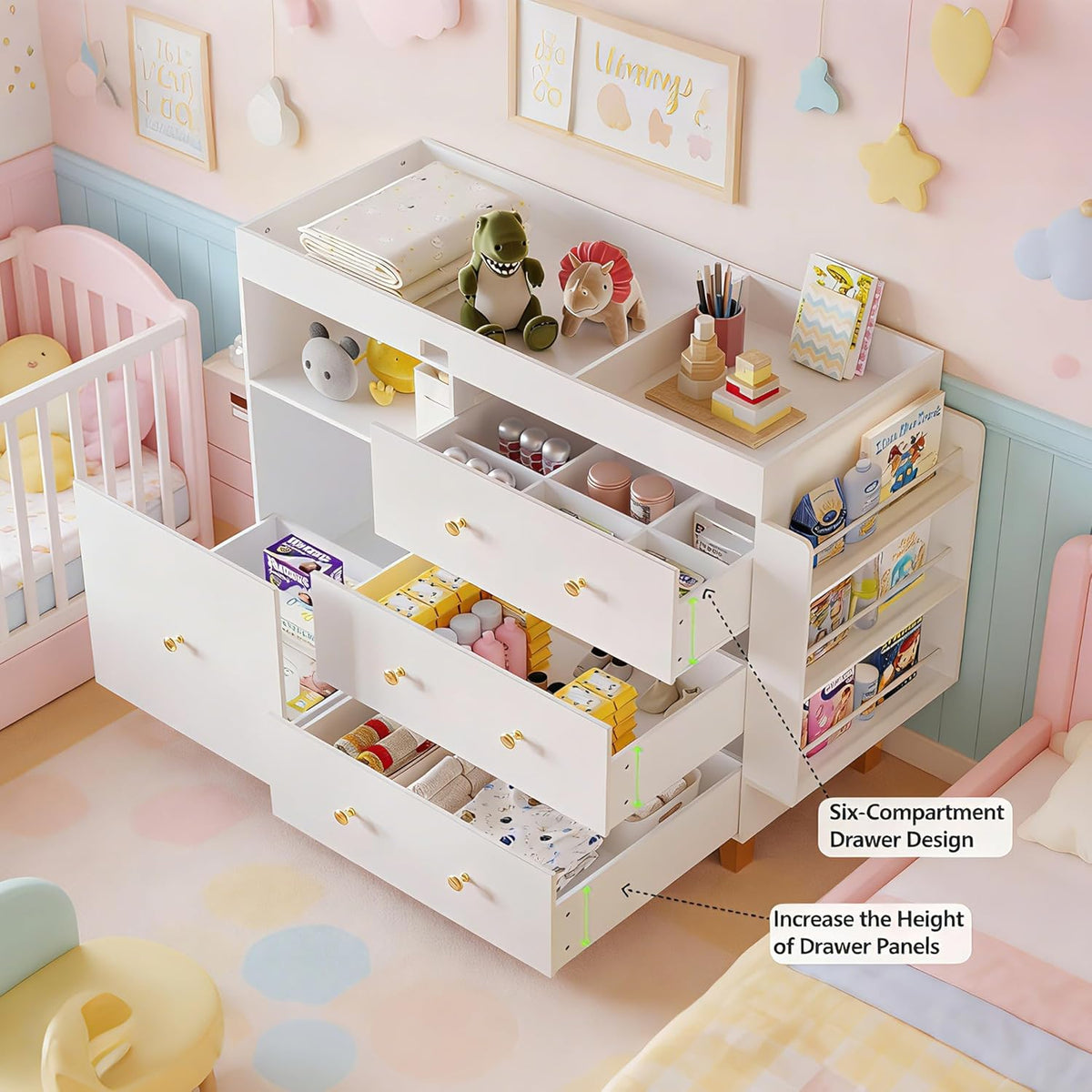 Top-down angle of the dresser with three drawers open showing divided compartments and stocked nursery items
