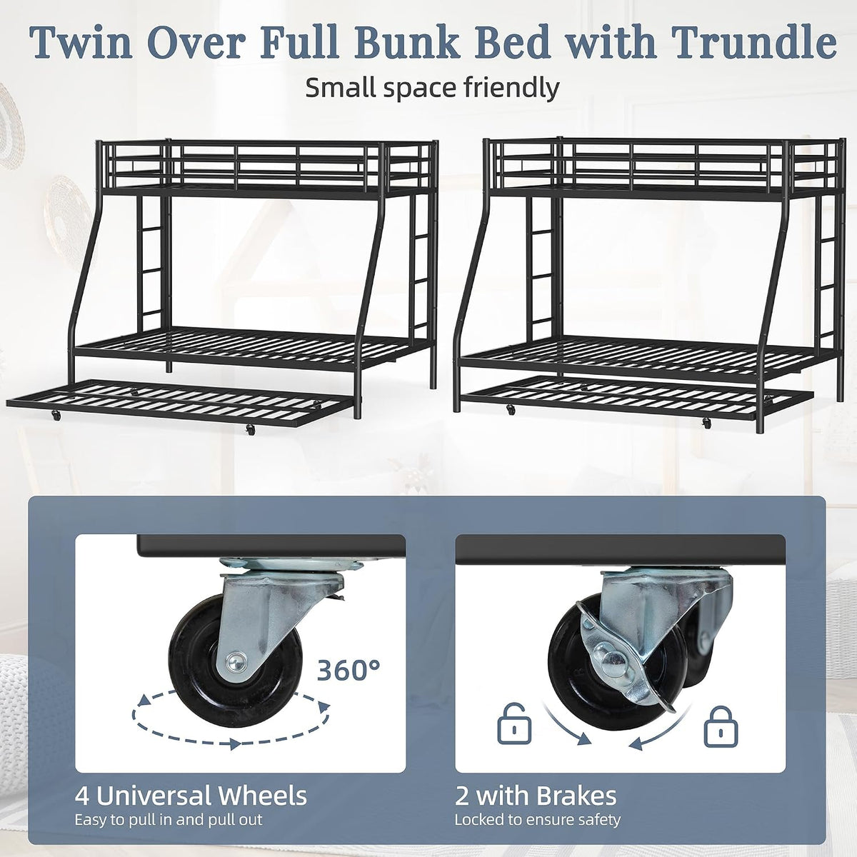 Black twin-over-full metal bunk bed with a pull-out trundle and two caster wheel close-ups.