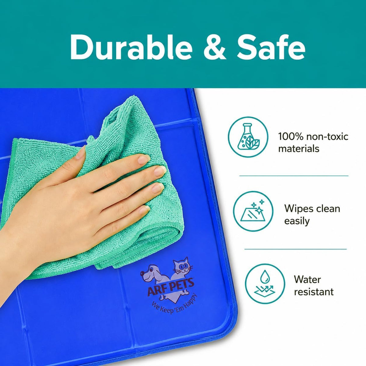 Hand wiping a blue cooling mat with a green cloth, showing logo and feature icons to the right