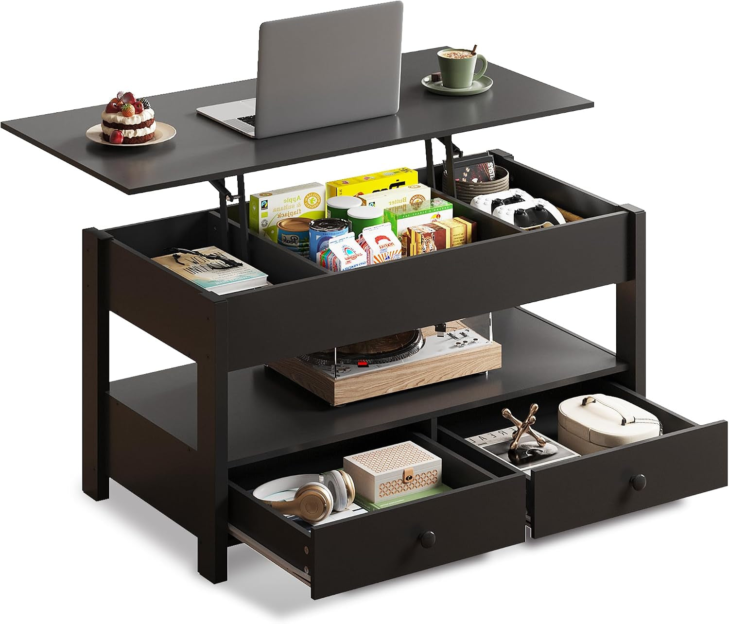 Dark brown/black lift-top coffee table with top raised, open divided storage and two bottom drawers pulled out