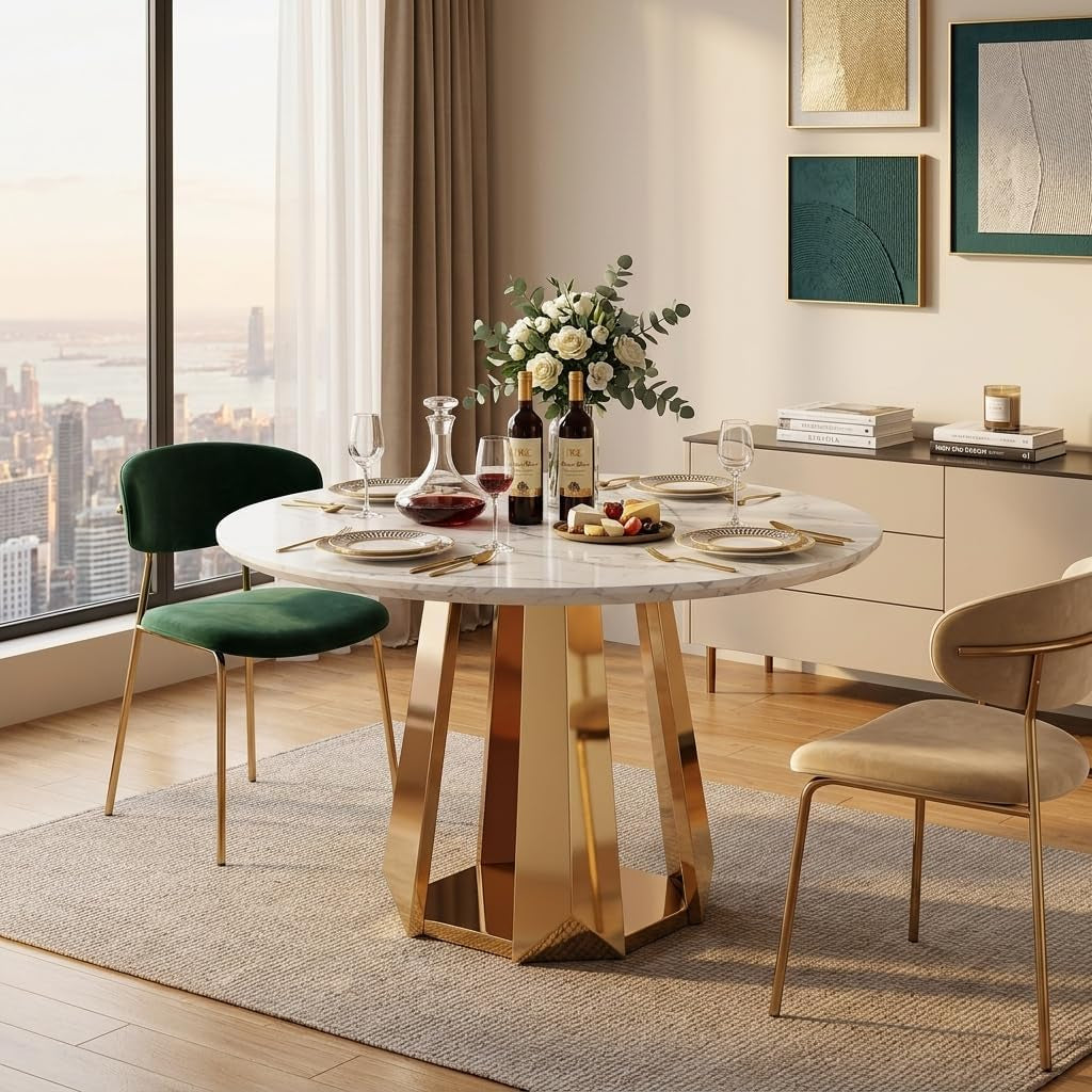 Round faux-marble table with faceted gold pedestal base set for four beside a floor-to-ceiling city window.