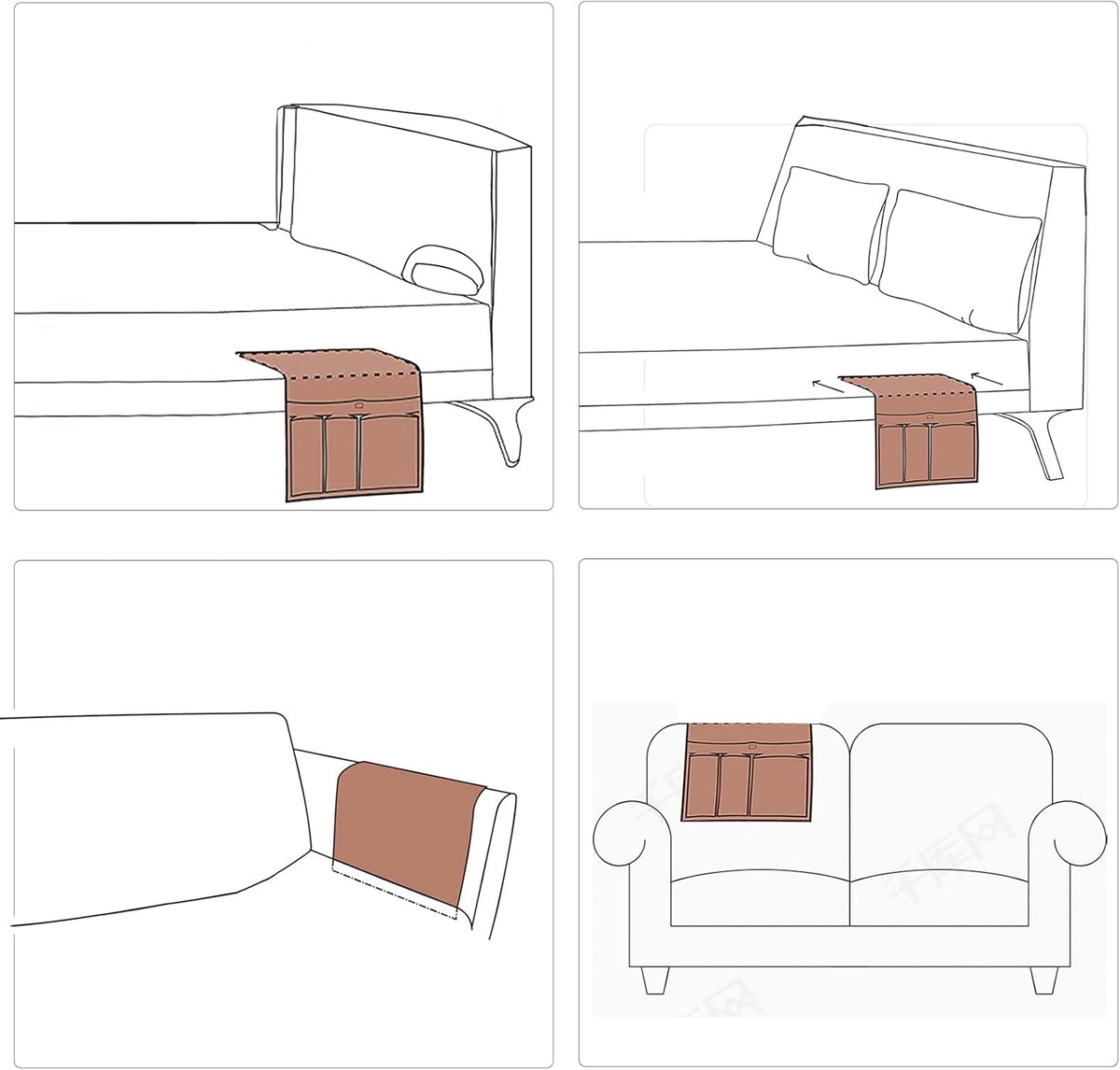 Line-drawing diagrams showing tuck-under loop attachment and placement options on a sofa, chair and bed.