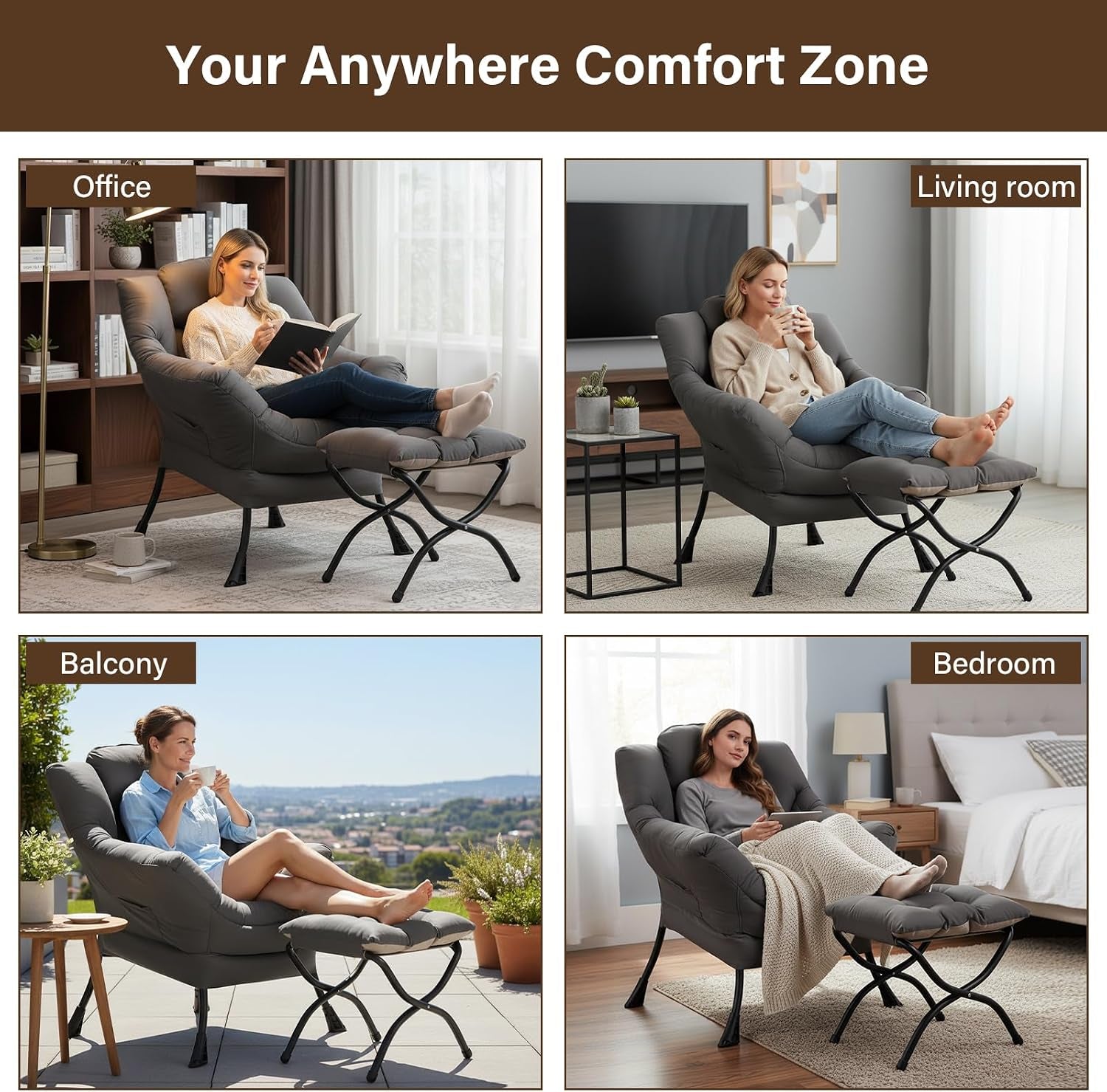 Four scenes showing the dark gray lounge chair with ottoman placed in office, living room, balcony and bedroom settings.