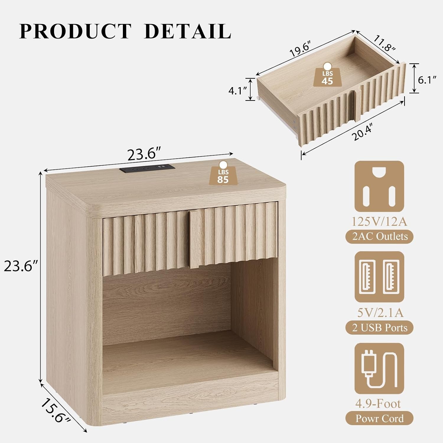 Diagram of the nightstand with top view and annotated measurements and outlet icons
