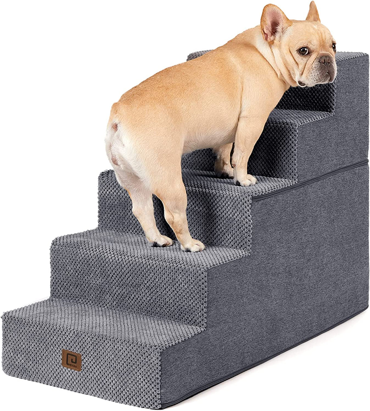 Side three-quarter view of light gray four-step stairs with a tan French bulldog climbing the steps, showing textured cover