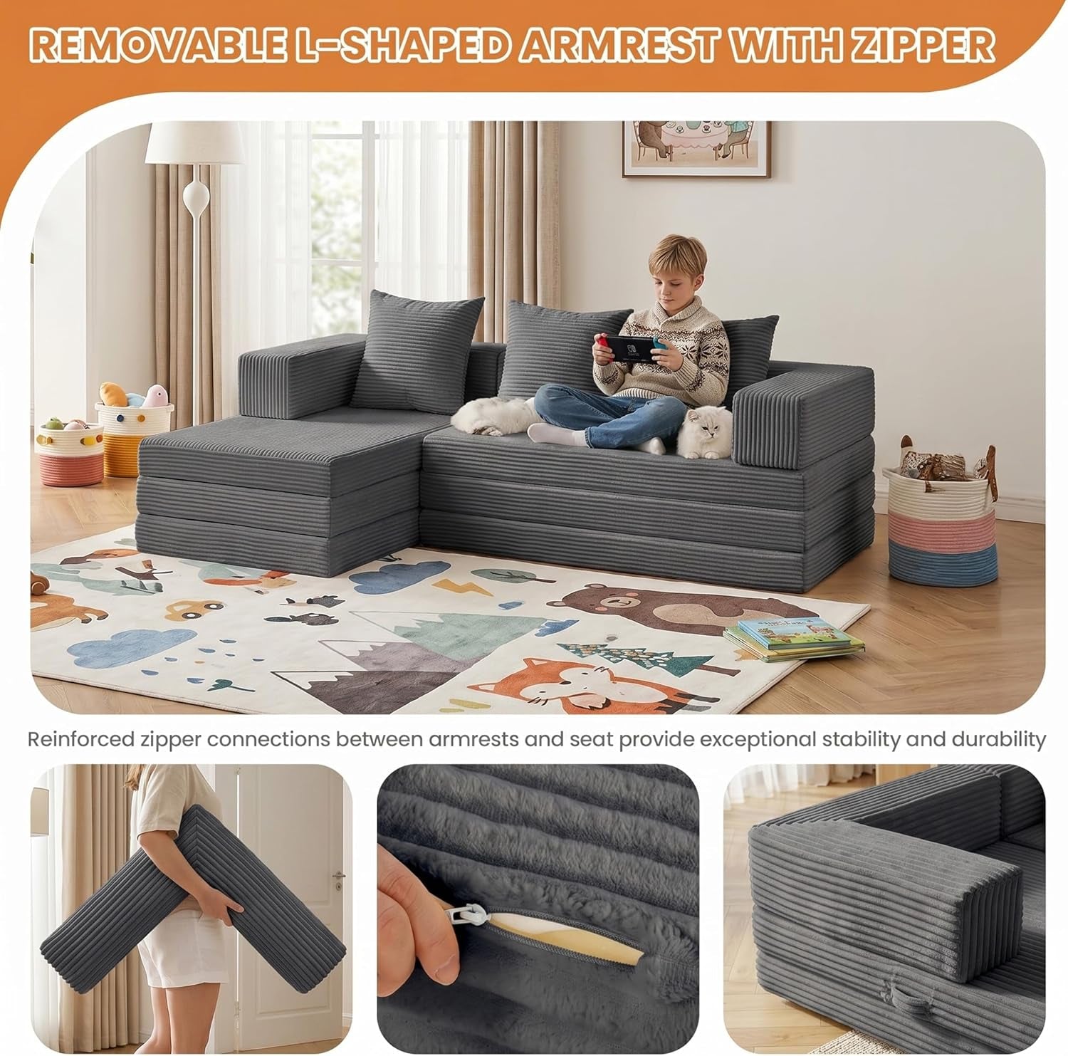 Boneless Couch Small,Convertible Sleeper Sofa Bed, Modular Sectional Sofa, Modern Tri-Folding Cloud Couch with L-Shape Chaise, Corduroy Futon Couches for Small Spaces Apartment,No Assembly
