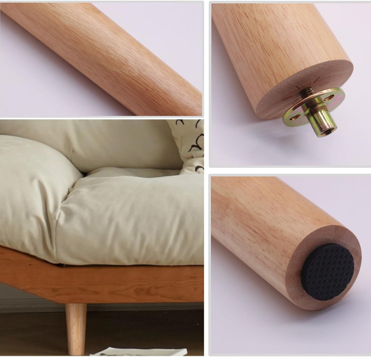 Close-up views of wood grain, the metal mounting plate fitted to a leg base, and a rubber pad on the leg bottom