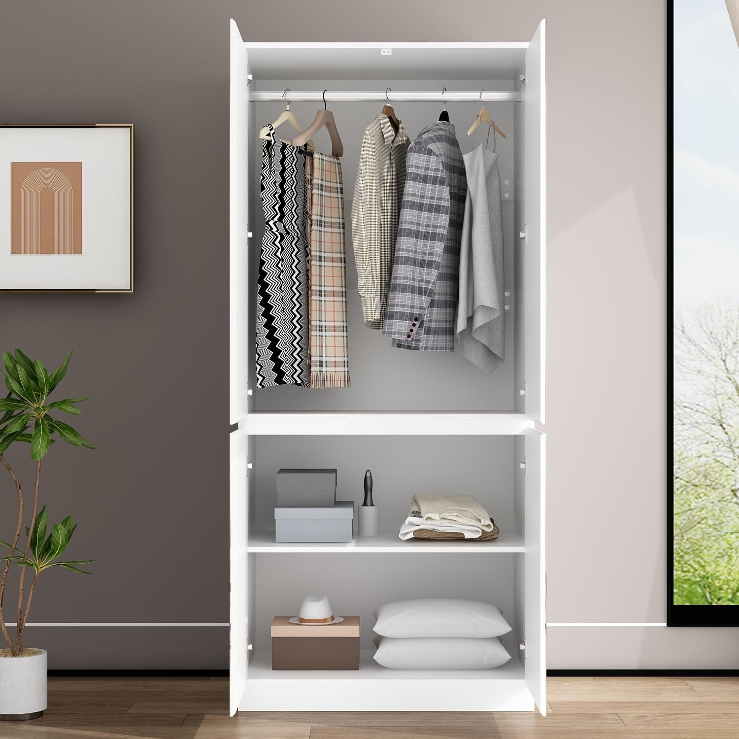 Open wardrobe interior showing a metal hanging rod with clothes above and two lower shelves with folded items
