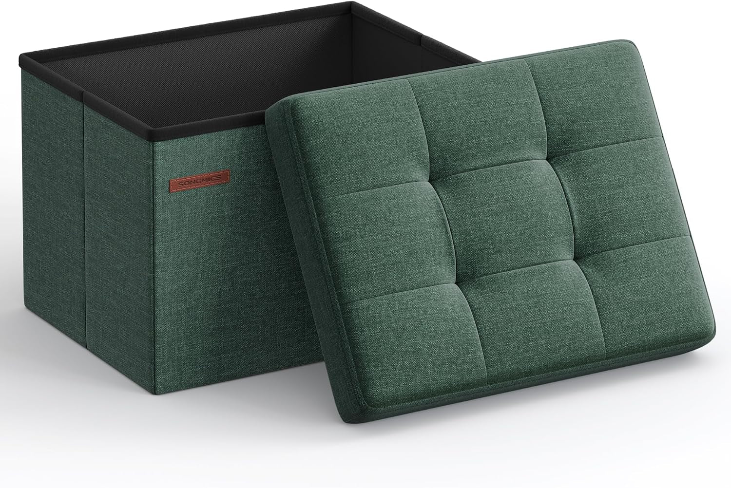 Open green fabric storage ottoman with quilted lid set against the box