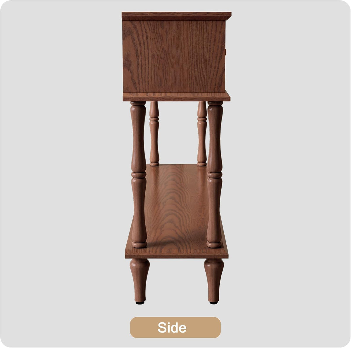 Side profile of the brown console table showing turned legs and lower shelf depth.