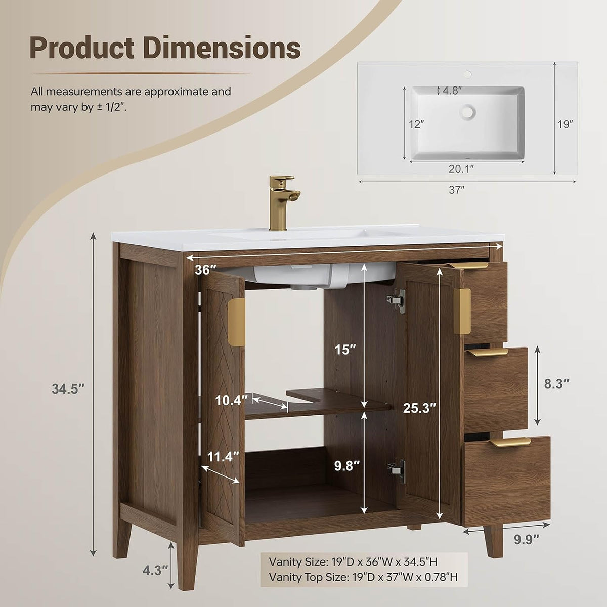 Dimension diagram showing vanity exterior and interior measurements with white sink top and labeled arrows