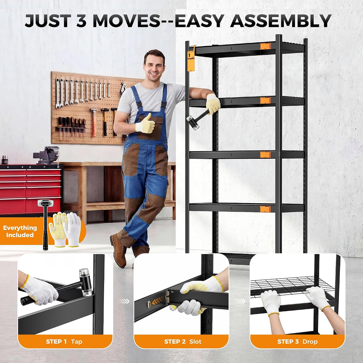 Worker in coveralls leaning on a partly assembled black shelf, three inset panels show tap, slot and drop assembly steps