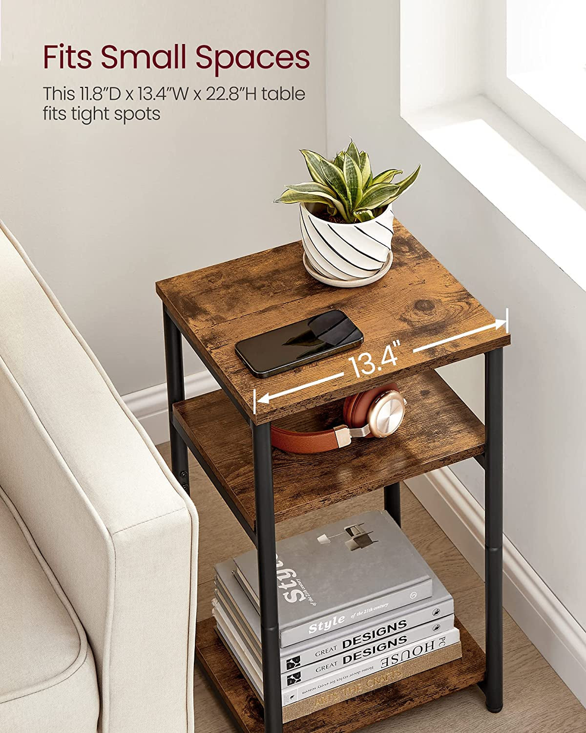 Overhead angled view showing the top shelf with 13.4" width label and items on middle and bottom shelves