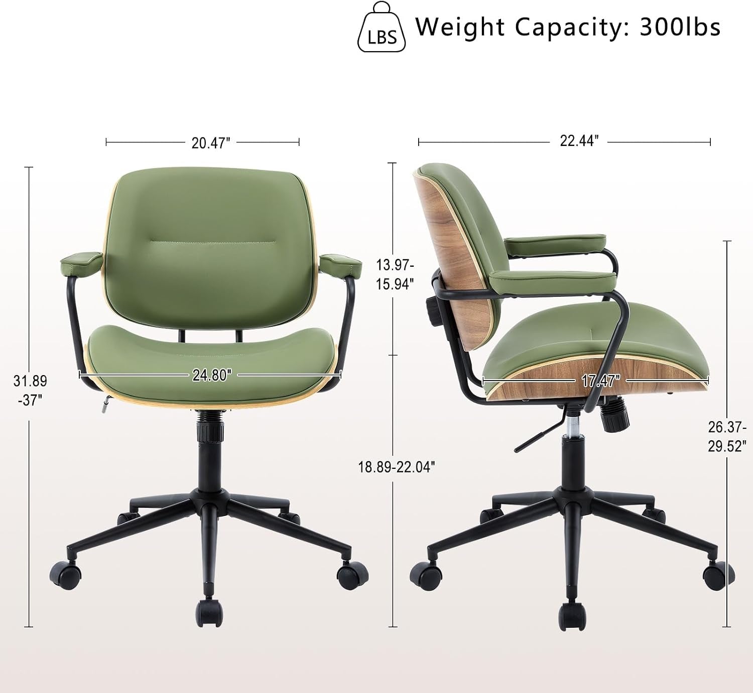 Front and side diagram of the chair showing dimensional callouts and a 300 lb weight capacity label