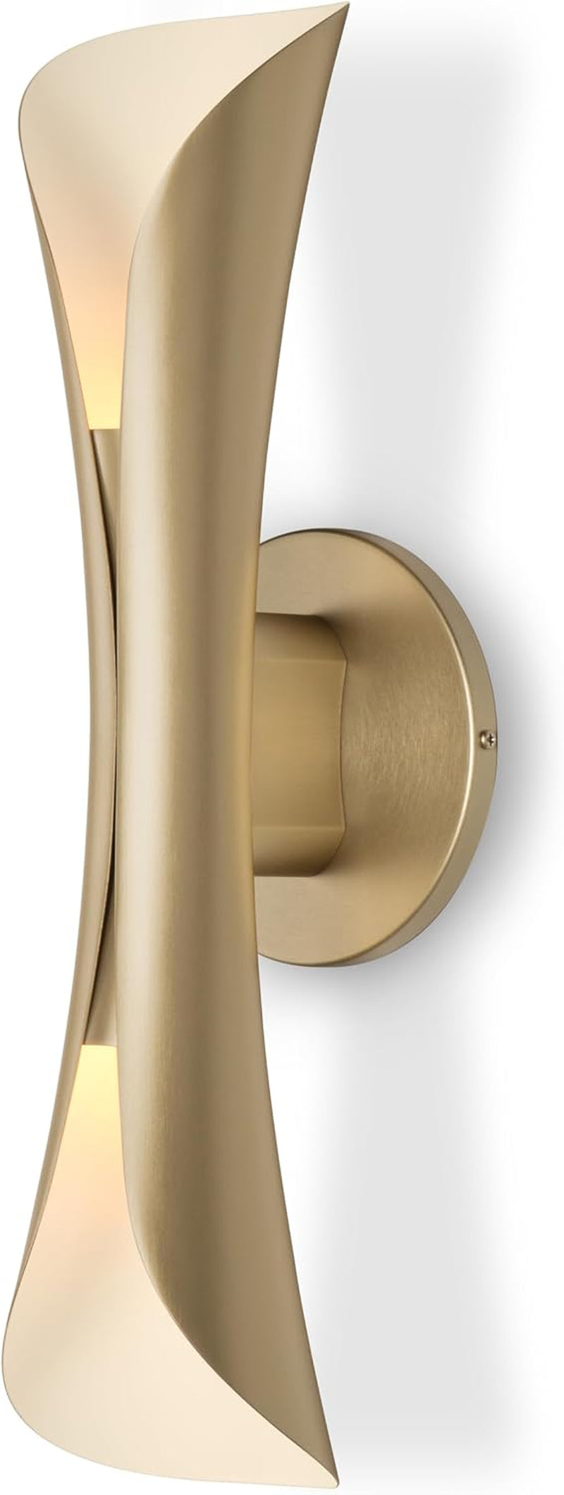 Single brushed gold curved wall sconce mounted on a round backplate, angled profile.